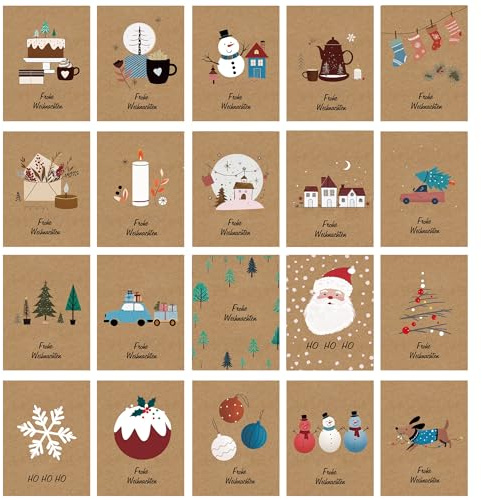 Weihnachtskarten mit Umschlag Set (20 Stück) - Stilvolle und zeitgemäße A6 Klappkarten Weihnachtsgrußkarten - inklusive Briefumschlag aus Kraftpapie -Skizze