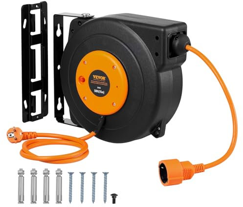 VEVOR Enrouleur de câble d'extension rétractable, 15 m, 1000 W avec cordon d'alimentation 1 m protection contre la surchauffe, coque en PP, support pivotant à 180° pour montage au plafond ou au mur