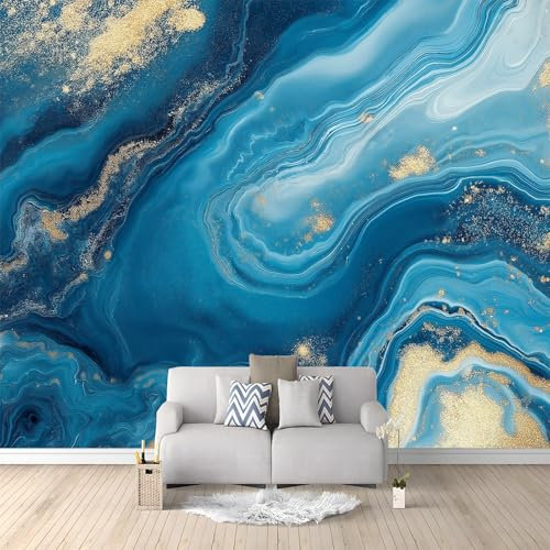 Marmo Astratto Blu Oro Poster Giganti da Parete Blu Fotomurale Carta da Parati Murale alla Moda Decorazione da Muro fotografica Murale per Camera Letto Sala 400x280 cm