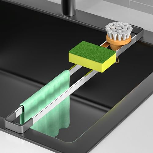 YIGII Spüllappenhalter - 43CM Multifunktionaler Schwammhalter Spülbecken Spülbecken Organizer Hitze- und Rostbeständigkeit, Spülen Zubehör Küchen Abwasch Organizer, Silber