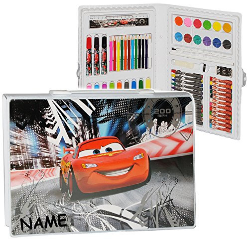 alles-meine.de GmbH 68 TLG. Set: XXL Stifte-Koffer - Cars Lightning McQueen - Auto - incl. Name - Malkoffer mit Stiften + Öl Pastellkreide + Sticker + Wachsmal Farben - Kinde..