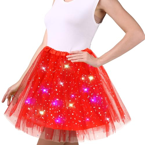 Wishstar Jupe en Tulle Rouge pour Femmes, Robe Danse à Paillettes étoilées, Mini-Jupe Extensible avec Lumières LED, Jupe Tutu 45cm pour Adultes, Robe de Danse pour Adolescentes Carnaval Ballet