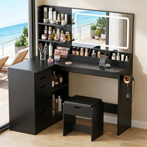 TRIUMPHKEY Schminktisch mit Spiegel, Eck Frisiertisch mit LED Beleuchtung Verstellbarer Helligkeit und hocker, Kosmetiktisch mit 5 Schubladen, Steckdose, Haartrocknerhalter (Schwarz)