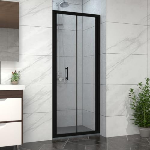 NRG 700mm Bathroom Bi- Fold Shower Door Black Framed with 900x700mm SMC Rectangle Shower Tray Anthracite