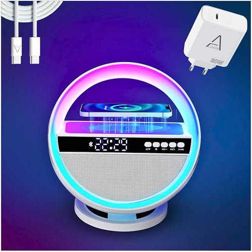 Lámpara de Mesa LED RGB Inteligente 6 en 1 Grande con Forma de O, Altavoz Bluetooth, Radio FM, Reloj Despertador, Cargador Inalámbrico QI 15W, Lámpara de Luz Nocturna RGB Regulable, Adultos, Niños.