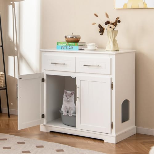 GYMAX 3 in 1 Mobile Lettiera per Gatti, Casetta Nascosta in Legno con 2 Cassetti, Doppie Porte e Ingresso Laterale, Armadietto Moderno per Gattino da Interno per Soggiorno, Bianco, 80 x 45 x 80 cm