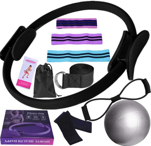 Tarange Pilates Set, 10 Stück Pilates Ring Set Mit Pilates Ball, Yoga Gurt Pilates Zubehör Set, Pilates Essential Kit, Für Beine Arme Und Oberschenkel Gewichtsverlust Ausrüstung (Schwarz)