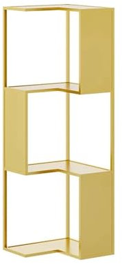 Industrial 3-Tier Corner Bookshelf - Tall Open Metal Display Shelf for Bedroom & Office - Multipurpose Storage Rack & Etagere (Gold Finish)