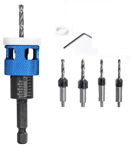 Knoruley 5 Piezas/Juego de Brocas Avellanadas con de Profundidad Ajustable, Abridor de Orificios de Baja Fricción, Brocas Avellanadas para Carpintería