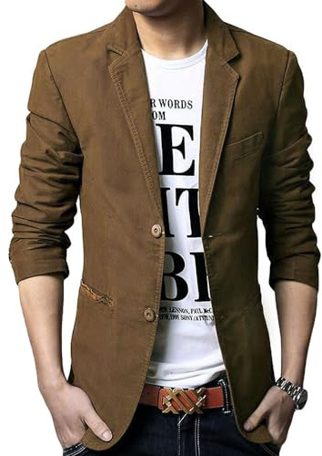 Blazer Casual para Hombre Chaquetas de Traje Slim fit Chaqueta de algodón sólido de un Solo Pecho Abrigo Chaqueta de Dos Botones Casual Blazer, Marrón, XXL