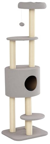 PawHut Árbol Rascador para Gatos Altura 148 cm con 3 Plataformas Gris | Árbol de Actividades para Gatos, Torre, Postes de Sisal, Casita, Bola Colgante