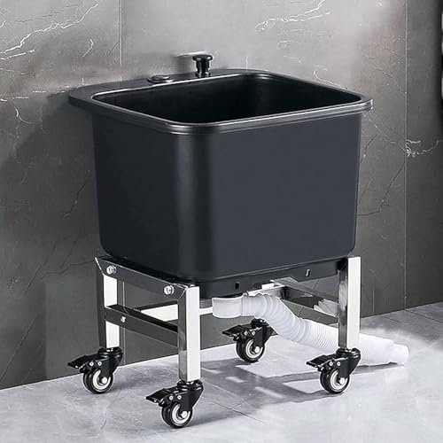 Floor Mop Sink Heavy Duty Slop Sinks with Deep Basin & Wheels - Free Standing Laundry Tub For Garage Removable Commercial Utility Sink Washing Station One-Button Drainage