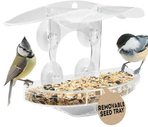 Coselena Fenster-Vogelfutterstation - Durchsichtige Acryl-Vogelfutterspender mit 3 Fächern abnehmbarem Tablett & 4 starken Saugnäpfen für Vogelbeobachtung, Gartendekoration & Gartengeschenke