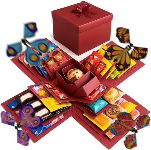 SVUPUE Scatola regalo creativa rossa a 5 strati, scatola a sorpresa, scatola esplosiva, scatola a sorpresa per compleanno, matrimonio, anniversario, scatola regalo fai da te realizzata a mano con