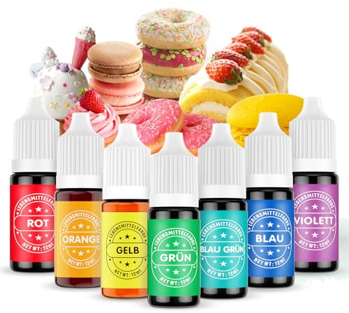 Waysroma Lebensmittelfarbe 7x12ml, nussfrei & zuckerfrei Lebensmittelfarbe Flüssig zum Backen, Oster-Macarons, Kuchen, Zuckerguss, Fondant, Kekse, Donuts (Regenbogen)
