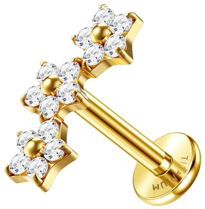 ZELORES 16G Flat Back Earrings G23 Titanium Cartilage Earrings for Women Tragus Piercing Jewelry Internally Threaded Flat Back Stud Earrings Labret Helix Conch Piercing Jewelry(18K Gold Plated, CZ-Flower)