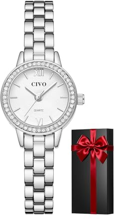 CIVO Klein Armbanduhr Damen Analogue: Silber/Gold Wasserdicht Uhr Damen | Edelstahl Quartz Diamant Damenuhr Pflegeleicht mit Konzentrische Rillen - Design für Alltagstauglich Arbeit Geschenk