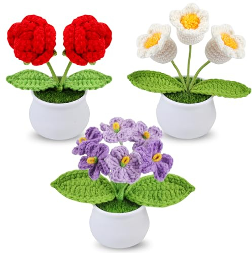 Aeekkya 3pcs Crochet Flowers Pot, Cute Handmade Crochet Flower Desk Decor with Red Rose, Lily of the Valley, Forget Me Not, Gift for Women, Wife, Girlfriend, Birthday, Valentine’s Day, Mother’s Day