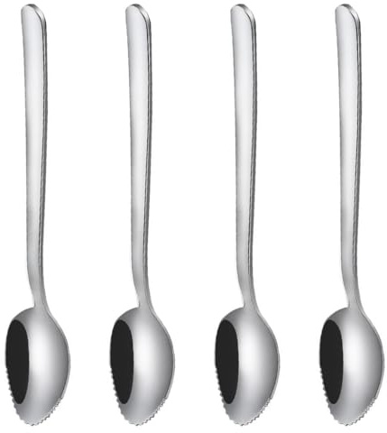 HUZNA 4 Pieces Cuillere Pamplemousse,Cuillère À Bord Dentelé,Acier Inoxydable Cuillères À Dessert,304 en Acier Inoxydable,pour Apple, Kiwi,Papaye,Orange,Kiuiom,CrèMe (Argent)