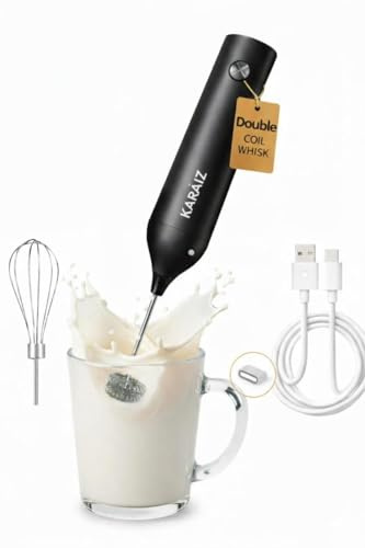 KARAIZ Electric Milk Frother Handheld, Rechargeable Coffee Frother with Dual-Spring Whisk, Portable 3-Speed Electric Foam Maker for Latte, Cappuccino, Hot Chocolate, Matcha-Black