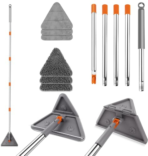 Wall Mop Cleaner with 207cm Long Handle, 6 Microfiber Chenille Pads, Scrubber and Squeegee, 180° Folding Ceiling Baseboard Cleaning Tool, Multifunctional Triangle Mop for Window, Floors, Cabinet