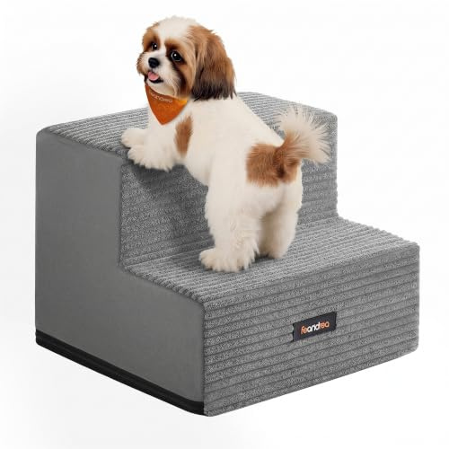 Feandrea Dog Steps, High-Density Foam, 2 Steps, 30 x 38 x 28 cm | Pet Stairs for Bed and Sofa, Washable Corduroy Cover, for Small Dogs, Dove Grey, BADDI Collection PPS022GD01