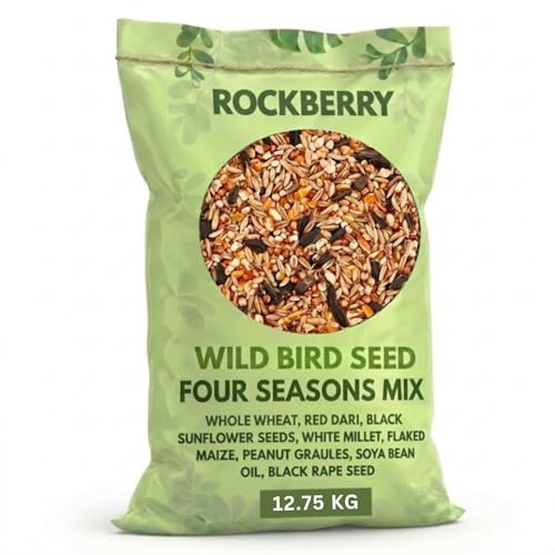 RockBerry Bird Food Four Seasons Mix for Wild Birds, Wheat, Cut Maize, Red Dari and Black Sunflower Seeds, Blended in the UK (12.75 KG)
