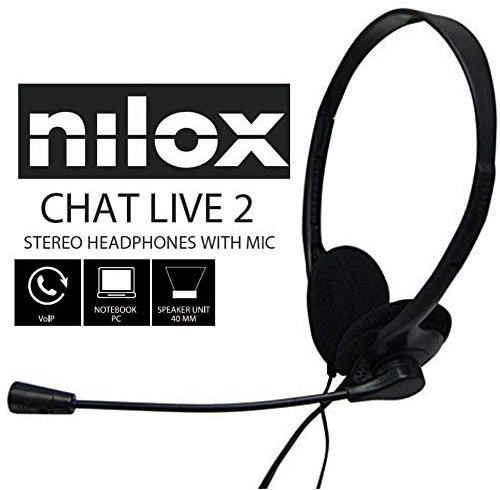 Nilox, Cuffia Stereo per PC, Cuffie PC per la Scuola e l'Ufficio, con Archetto Regolabile e Controllo Volume, Leggere e con Cavo di 1,8 m, Con 2 Jack da 3,5mm per Auricolari e Microfono