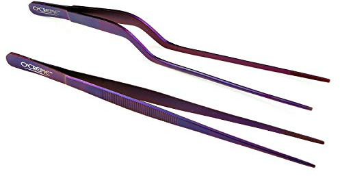 O'Creme Culinary Stainless Steel Tweezer Tongs Set of 2 - One 10 Inch Straight and One 8 Inch Offset Purple Color