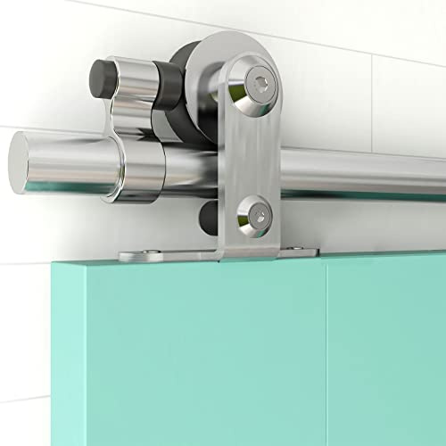 TSMST 5.5FT Stainless Steel Sliding Barn Door Hardware Kit, Top Mount Heavy Duty Sturdy Barn Door Track for Single Wood Door (T Style)