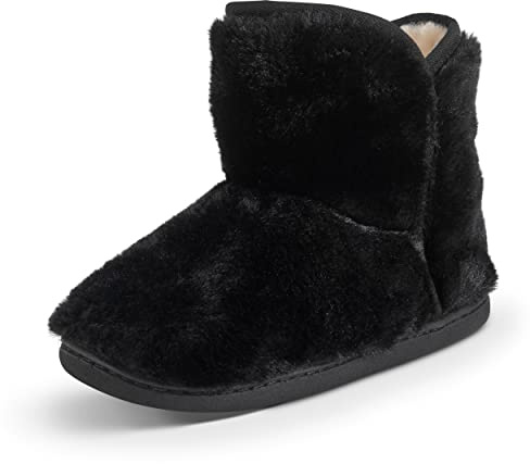 Polar Womens Memory Foam Indoor Faux Fur Fleece Bootie Rubber Sole Comfort Outdoor Anti Slip Durable Slippers - Black Fur - AYC0862 - EU38/UK5