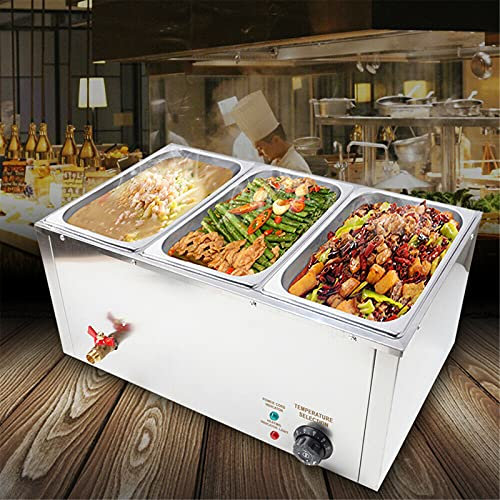Futchoy Chauffe-plat 850 W 3 x 7 litres pour bain-marie, banquet et fête, 3 casseroles et 3 couvercles, acier inoxydable 201, température réglable de 30 à 85 °C
