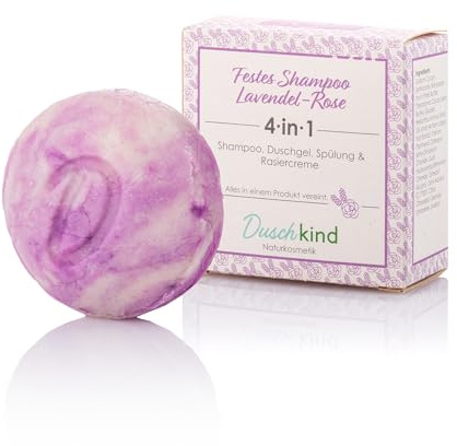 Duschkind Festes Shampoo 4in1 Lavendel-Rose mit Klettenwurzelöl - sulfatfrei, vegan, plastikfrei – handgemacht in Deutschland, ohne Konservierungsstoffe