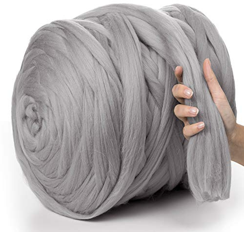 MeriWoolArt XXL Merino Wolle – 100% Schurwolle, Extra Dickes Filzgarn (4–5 cm) für Armstricken, Trocken- & Nassfilzen, Decken & Babydecken – Hellgrau 100g