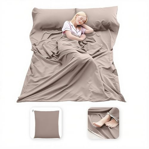 Sovsäcksfoder, lätt kompakt sovsäck säck, bärbart rent reselakan med dragkedja för fötterna camping, sovlakan för backpacking hotell och vandring (ljus kaki, 210 cm x 160 cm)