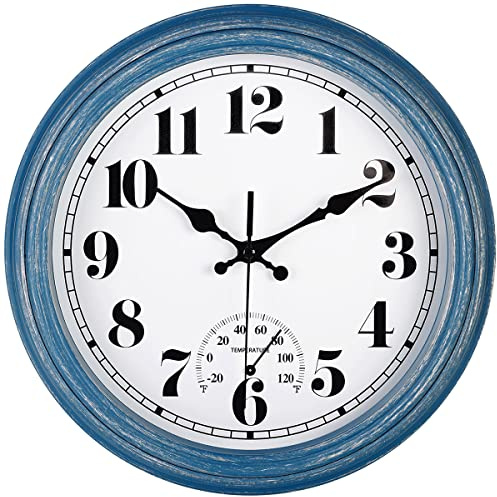 JENLYSTIME 12 Zoll Indoor/Outdoor Retro Waterproof Wall Clock with Thermometer Silent Round Quartz Battery Operated Easy to Read Decorative for Kitchen Patio,Bathroom,Deck,Porch,Pool (Blue)