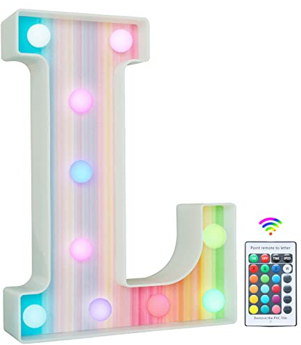 Rainbow Light Up Letters, Colorful LED Letter Lights 16 Color Changing Alphabet Sign Gifts for Girls Women Party Birthday Decorations Remote Night Light Christmas Valentine Wall Table Decor - L