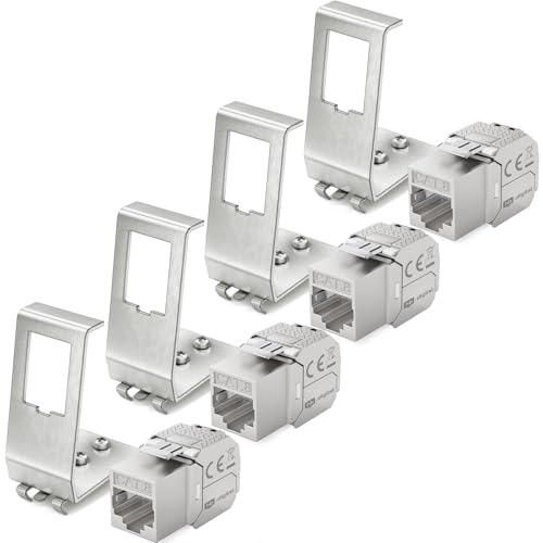 hb-digital Set: 4 x CAT.8 Keystone RJ45-modul 4 x Hi-adaptrar metall Keystone-hållare för Hutschior 35 mm standard | RJ45-jack skärmad rostfritt stål LSA montering Ethernet LAN nätverksbrytare