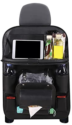 Ergocar Auto Rücksitz Organizer, PU-Leder Wasserabweisender Rücksitzschoner mit Klappbarem Esstisch und Müllsäcke, Autositz-Organizer mit Tablet/Telefon Aufbewahrung, Multifunktionale