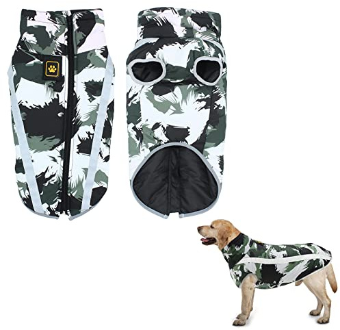 5XL Abrigo Impermeable para Perros Chaquetas de Invierno Abrigo Deporte Chaleco Traje con Arnés de Perro Rayas Reflectantes Cálidos Chaquetas Grande Mediano Prueba de Viento Ropa Traje de Nieve Blanco