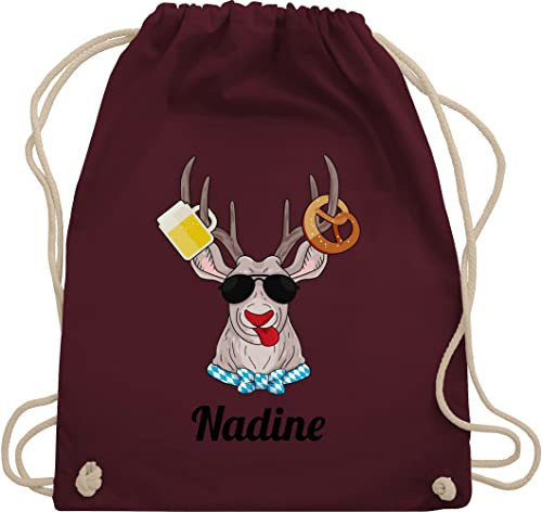Turnbeutel Rucksack - Kompatibel - Oktoberfest Hirsch mit Brezl und Bier - Unisize - Bordeauxrot - oktoberfest-tasche trachten turnbuetel trachtenrucksack bayrisch ruckack trachtenrucksäcke