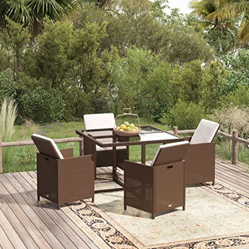 Tidyard 5-TLG. Garten Essgruppe, Terrassenmöbel Set 4 Personen, Poly Rattan Sitzgruppe, Esstisch mit Glas-Tischplatte & Stühle mit Kissen, Gartenmöbel Set Braun