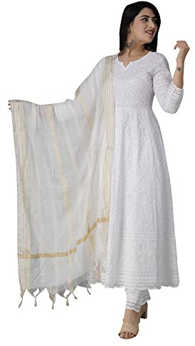 JG JAI GOVINDAM Chikankari Cotton Anarkali Indian Kurti for Women Summer Dress Kurta Pant with Dupatta Set Pakistani Long Kurta-(XXL) White