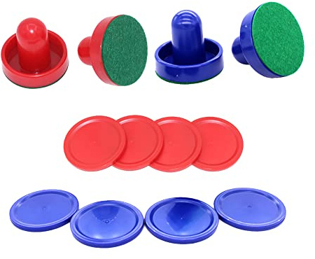 HugeDE 4 Pcs Air Hockey Pushers with 8 Pcs Air Hockey Pucks Air Hockey Paddles Goal Handles Paddles Replacement Accessories Red Blue