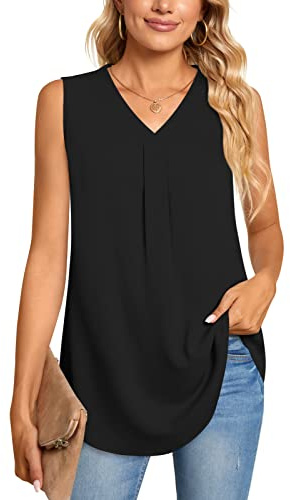 Aodemo Women's Vests Summer Ladies Pleated Tops Blouses Shirts Loose Sleeveless Tank Top Chiffon Vest for Work M, Black