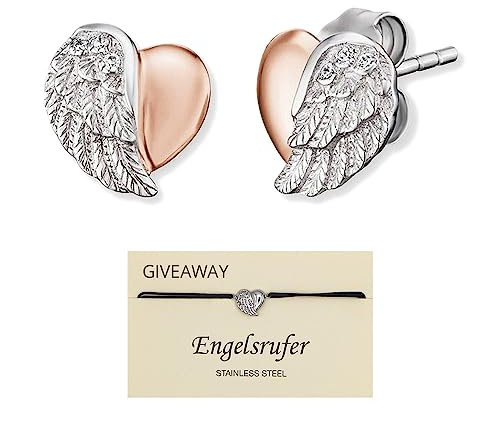 Engelsrufer Set Damen Ohrstecker Herzflügel Bicolor aus Sterling Silber, Zirkonia, Steckverschluss inkl. Armband Herzflügel aus Edelstahl, Größenverstellbar, SET ERE-LILHEARTWING-BI + ERJC-HEARTWING
