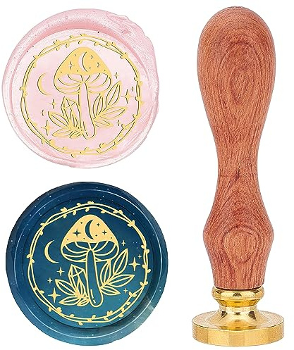 craspire Pilz-Wachs-Siegelstempel, 25 mm, Mond-Stern-Siegelwachs-Stempel, Retro-Palisandergriff, Abnehmbarer Messingkopf Für Hochzeitseinladungen, Umschläge, Halloween, Weihnachten, Erntedankfest