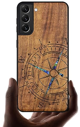 Carveit Designer Wooden Case for Samsung Galaxy S22 Case Cover [Wood Engraving & Shell Inlay] Compatible with Wireless Chargers Galaxy S22 Case (Compass-Walnut)