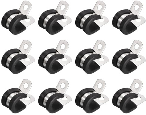 sourcing map 12Stk 1/2 (12mm) Rohrschellen Kabel Klemme 304 Edelstahl Gummi Gepolsterte Isolierklemme R Form Metall Klemme für Rohr Leitung Draht