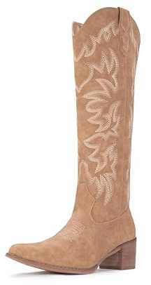 IUV Cowboy Boots For Women Knee High Western Cowgirl Boots Snip Toe Side Zipper Chunky Heel